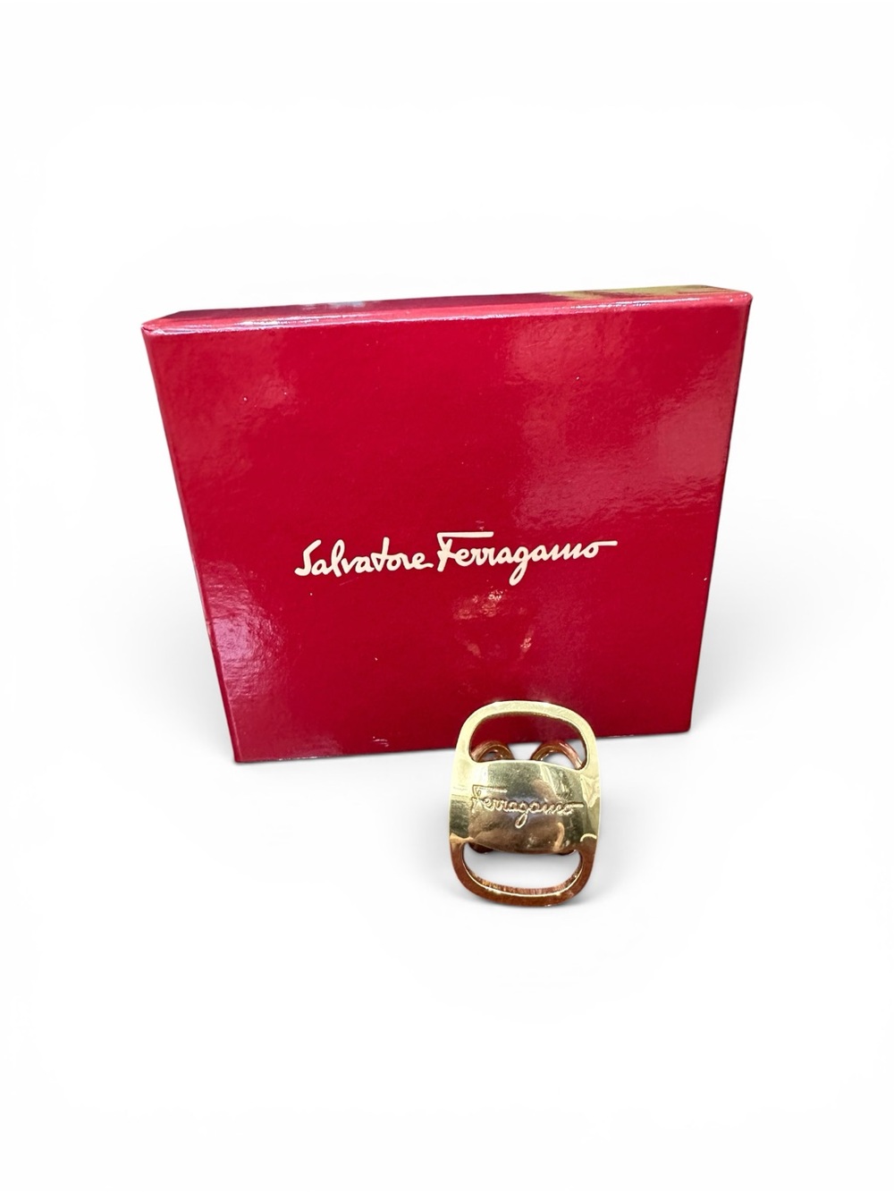Salvatore Ferragamo Gold-Plated Gancini Scarf Ring with Box Made in Italy